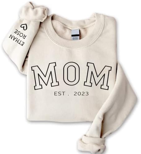 IZI POD Personalized Mom Embroidered Sweatshirt, Mom and Kidnames On Sleeve Shirt, Personalized Sleeve Embroidered Sweatshirt, Mama Crewneck, Custom Gift for Mom, Gift for Mother's Day