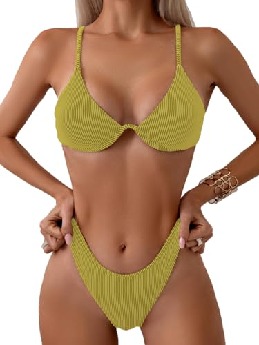 Image of Fanuerg Women Underwire Triangle Bikini Spaghetti Strap Push Up Swimsuit Cheeky Two Piece Bathing Suit