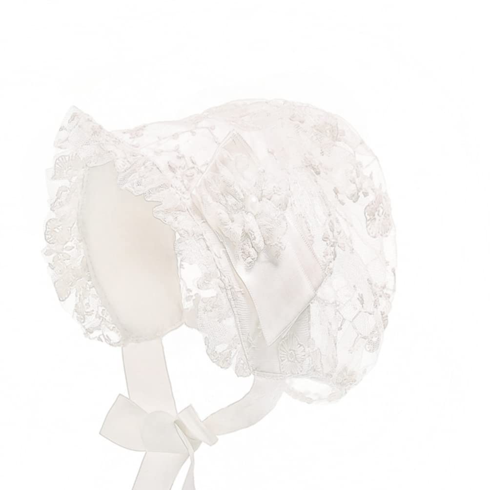 VALICLUD Baby Girls Bonnet Lace Hat Christening Bonnet Cap Beanie Toddlers Newborn Baby Girl Lace Silk Ribbon Sun Hat Brimmed Eyelet for Baby Infant Aged from 0-2 White for Babies - Image 2