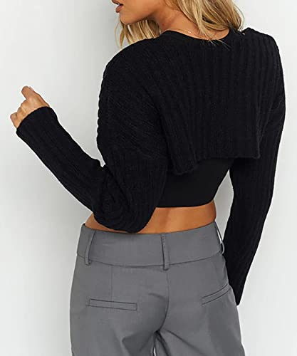 Image of Women Long Sleeve Open Front Ribbed Knit Crop Cardigan Solid Loose Drop Shoulder Shrug Bolero Crop Sweater Top