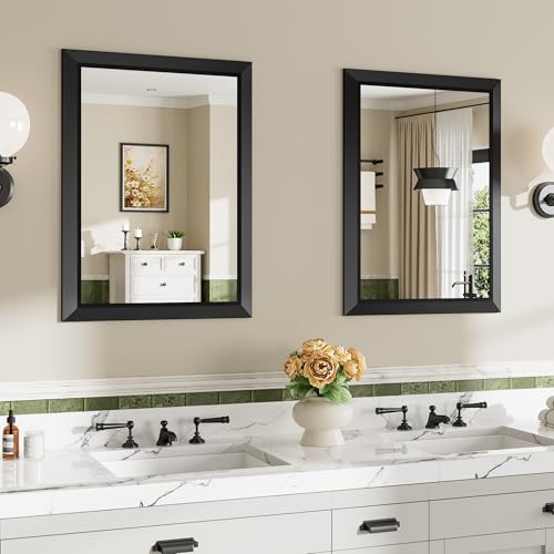 Image of Briivue 2-Pack 22x30 Inch Black Bathroom Mirror for Wall, Thick Metal Framed Rectangle Mirrors for Over Sink, Bedroom, Living Room, Entryway, Anti-Rust, HD Tempered Glass