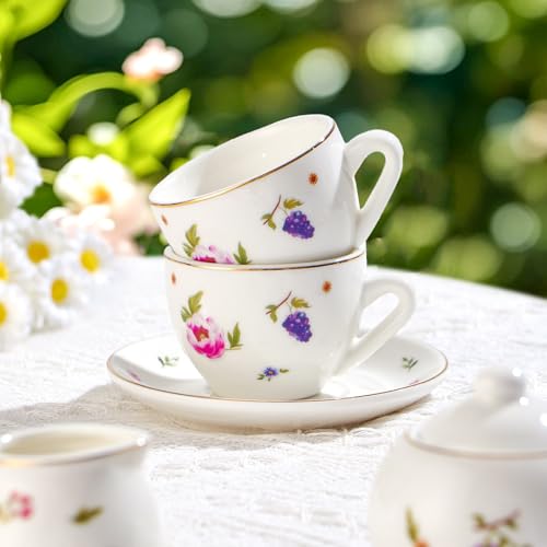 Image of TUZT Tea Party Set for Little Girls Ages 3-8, White Floral Porcelain Tea Set with Gold Trim Edges, Princess Tea Time Toy Includes Pot & Cups & Saucers & Suitcase, Birthday Gifts for Toddlers Girls