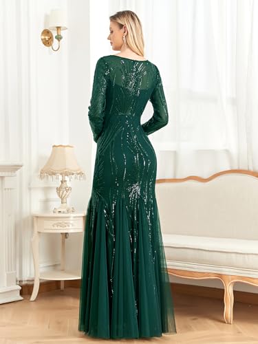 Image of Long Sleeve Sequin Evening Dress Glitter Mermaid Long Gown for Mother of The Bride Or Wedding Guest