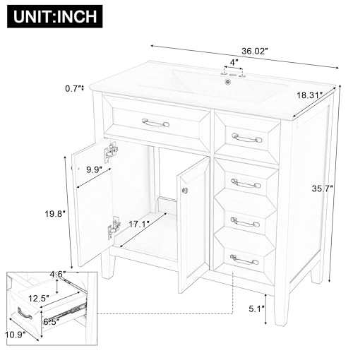 Image of Favfurish 36 inch Bathroom Vanity with Ceramic Sink,Undermount Single Basin Bath Vanity Set w /2 Soft-Close Doors and 3 Drawers,Modern Freestanding Storage Cabinet,Solid Wood Frame,Black