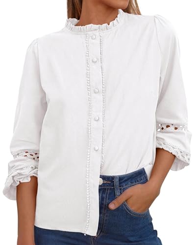 KIRUNDO Going Out Tops for Women Boho Cotton Eyelet Long Sleeve Button Up Shirt 2025 Fall Fashion Lace Dressy Casual Blouses