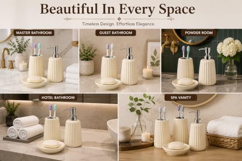 Image of Quace Ceramic Bathroom Accessories Set of 3, Soap Dispenser, Toothbrush Holder & Soap Dish, Modern Bathroom Accessories, Luxury Wash Basin Countertop Organizer for Home & Hotel, Ivory