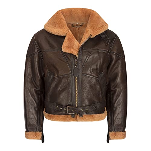 Ladies Brown Real Sheepskin Flying Jacket Camel Fur Belt Vintage