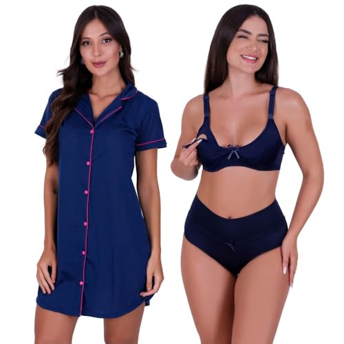 Camisola Americana Botões, Sutiã Amamentação Calcinha Pós Parto (MARINHO, GG)