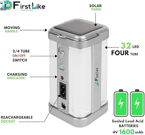 Image of Electric & Solar Rechargeable 4 Tube 80W Lantern Emergency Light | 7 Hours Backup | High Power Multi-Function Light