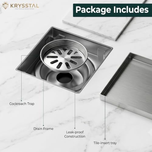 Image of KRYSSTAL 5x5 Inches Square Tile Drainer | Bathroom Drain Cover with Advanced Cockroach Trap | 1mm 304 Grade Stainless Steel Tile Insert Floor Drain Jali with Anti-Odour Floor Trap for 13mm Tiles