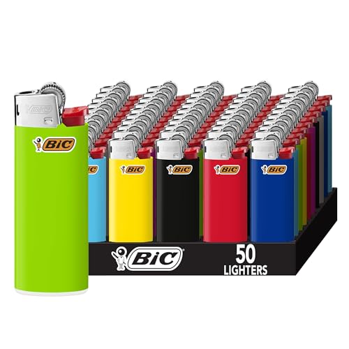 BIC Mini Pocket Lighters, Assorted Bright Colors, 50-Count Tray, Safe and Reliable Child-Resistant Lighters
