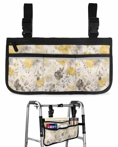 Anzona Yellow Grey Floral Wheelchair Side Bag Walker Bag, Farmhouse Botanical Burlap Wheelchair Accessories Armrest Pouch, Organizer Storage Bag for Walkers, Rollators, Scooters, 7.3''x13''