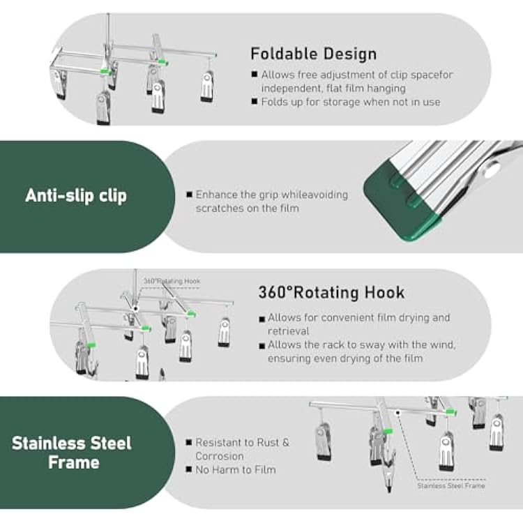 Darkroom Film Negative Drying Hanging Rack Frame Foldable Hanger Windproof 10 Clips for 35mm 120 4x5'' Film