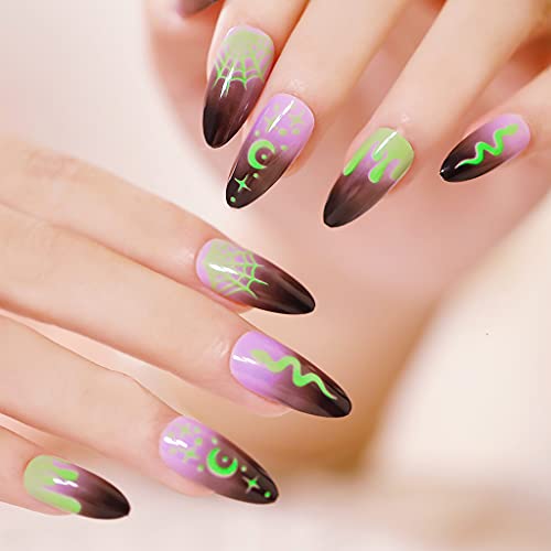 RikView Halloween Press on Nails Long Acrylic Nails Almond Fake Nails Halloween Nails with Design (Green Cobweb)