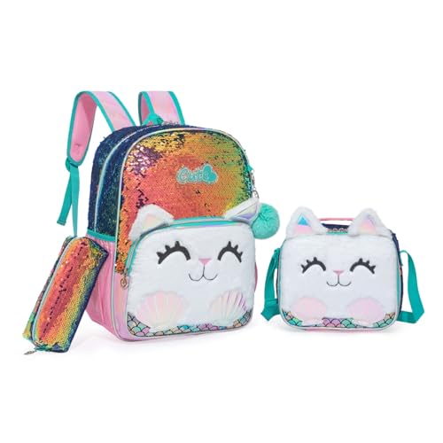 Mochila infantil, Kit Escolar 3 Peças, Mochila com Lancheira e Estojo, para Crianças Acima de 1,2m (gatinho)