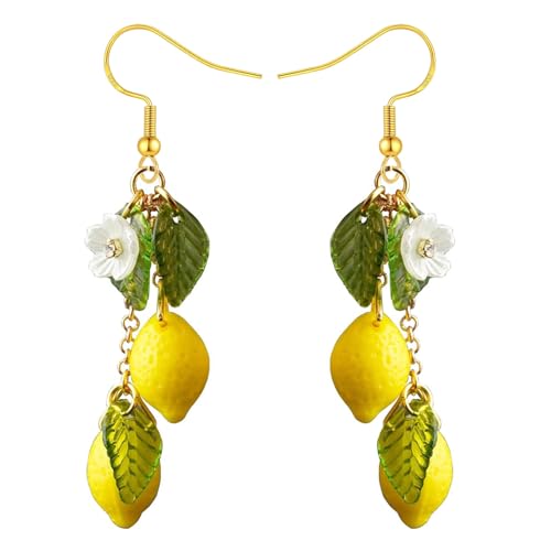Lemon Earrings for Women, Strawberry Earrings for Women, 925 Sterling Silver Hypoallergenic Dangling Cute Fun 3D Acrylic Leaf Flower Raspberry Banana Fruit Food Drop Dangle Jewelry Accessories