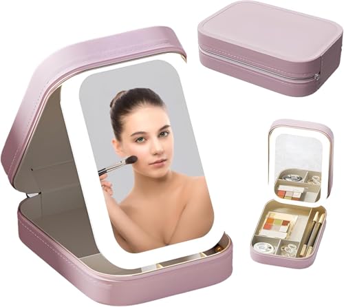 Estojo de maquiagem com espelho de LED, espelho de maquiagem ajustável com brilho de três cores, espelho de maquiagem recarregável, estojo cosmético portátil, caixa de joias com luz LED (rosa)