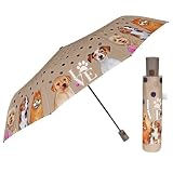 PERLETTI Paraguas Mujer Plegable Automático con Perros - Paraguas Antiviento Compacto Ligero Pequeño de Bolso Viaje - Mini Paraguas Resistente Cortaviento Lunares - Diámetro 96 cm (Perritos Beige)