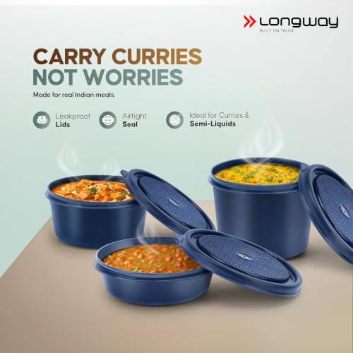 Image of LONGWAY Kivo Lunch Box with 3 Containers, 750ml Stainless Steel Bottle & Insulated Bag | Microwave Safe Food-Grade Containers (290ml, 400ml & 600ml) | Cutlery & Pickle Box | Indigo