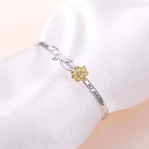 S925 Sterling Silver Sunflower with CZ Engraved You Are My Sunshine Bangle for Women 18" (Bangle)2