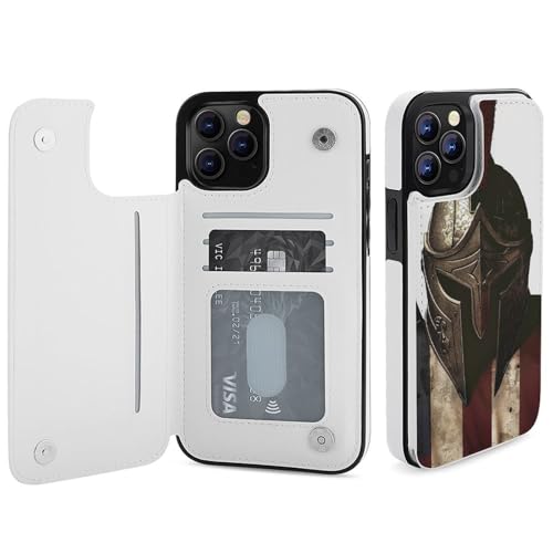 HKMNLEW USA Flag US Spartan Print Flip Phone Wallet Case iPhone 12 Pro Max�p PU���U�[���C�ϏՌ��d�b�P�[�X�J�o�[ �J�[�h�z���_�[�t��