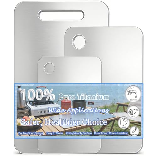 100% Pure Titanium Cutting Board Set of 3, Food-Grade Titanium Cutting Boards for Kitchen Dishwasher Safe, Double-Sided Metal Charcuterie Chopping Board Mat for Meat, Cheese & Fruit (M+L+XL)