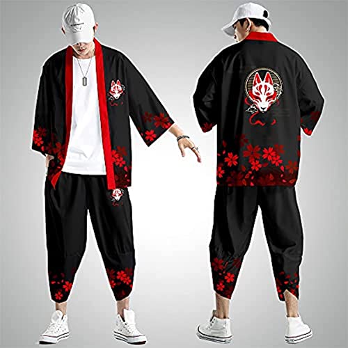 Men's Japanese Style Kimono Tops Pants Sets Chinese Robes Kimono Pajamas Suit Seven Sleeves Cardigan & Shorts (Style-11,6XL,Unisex Adult,Unisex,Adult,US,Alpha,6X-Large,Regular,Regular)2