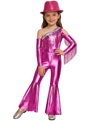 Traje de salto flare brillante para niñas con sombrero para actuaciones de danza disco y jazz