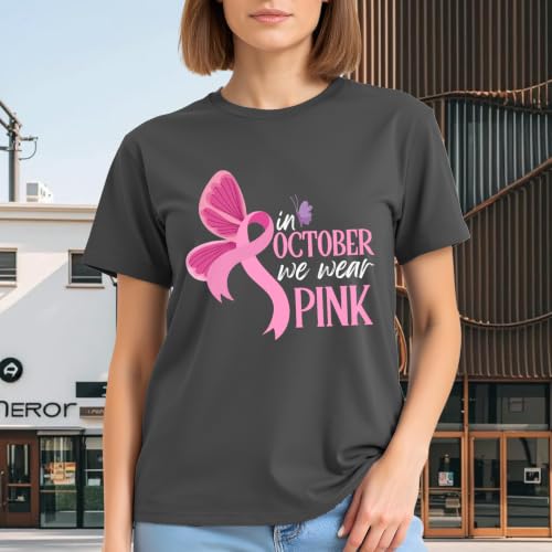 Image of Breast Cancer Awareness Ribbon Shirt Women-in October We Wear Pink Tees | Meaningful October Breast Awareness Cancer Shirt Pink Butterfly Short Sleeves Perfect for Survivors and Family Supporters