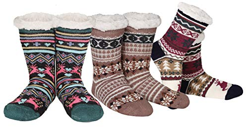 Gilbins Winter-Weight Thermal Thick Knit Fleece-Lined Cozy Sherpa Lined Fuzzy Slipper Socks With Grippers (3 Pack) Reindeer Snowflakes St1