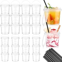 24 Pcs Clear Plastic Drink Bucket with Lids and Straws 33.8 oz and 25.4 oz Disposable Cups Cocktail Pails for Smoothies, Ice Cream, Outdoor Travel, Beach, Pool and Party Supplies
