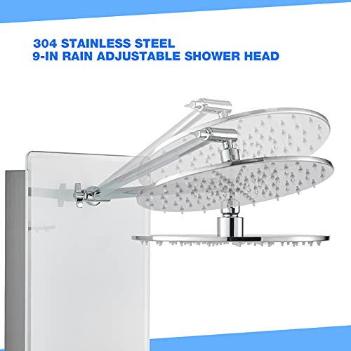 POPFLY Tempered Glass Shower Panel System with 9-IN Rainfall Shower-Head, Shower Massage Tower with 6-Jet Adjustable Body Sprayer, Wall Mount Shower Column with Tub Spout, Silver