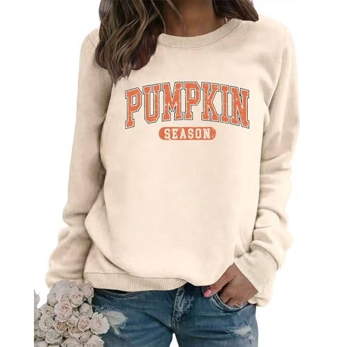 GINESBE Pumpkin Season Sweatshirt Women Fall Crewneck Halloween Shirt Vintage Graphic Long Sleeve Thanksgiving Pullover Top (US Alpha X-Large Regular Regular Beige)