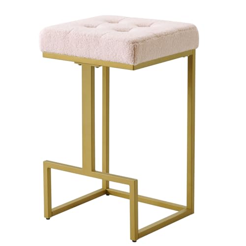 24KF Contemporary Set of 2 Counter Stool for Kitchen Island, 26" H Pink Teddy Fabric Padded Gold Barstool Bar Chair,5067-Teddy Pink by 24KF - Image 5