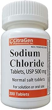 Sodium Chloride Tablets 500 mg (0.5 Gram), USP Normal Salt Tablets - 200 Tablets by CitraGen Pharmaceuticals, Inc.