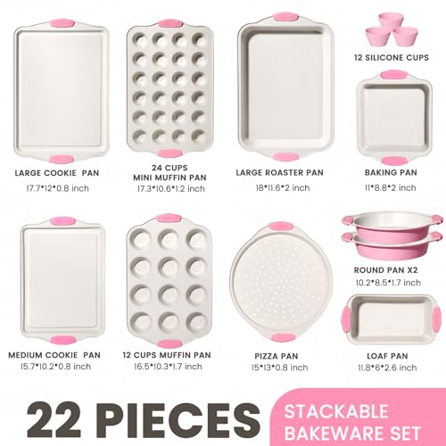 Image of Kikcoin 22 PCS Nonstick Baking Pans Set, Stackable Bakeware Sets with Silicone Handles, 450F Oven Safe Baking Sheet Set, Easy Release Cookie Sheets for Baking, Pink