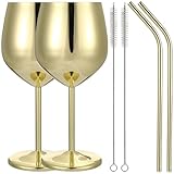 UTHCLO Juego de 2 Copas de Vino Irrompibles de Acero Inoxidable 500 Ml con 2 Pajitas Curvas Plateadas de 215 CM y 2 Cepillos para Pajitas Aislamiento Doble Capa para Fiestas y Uso