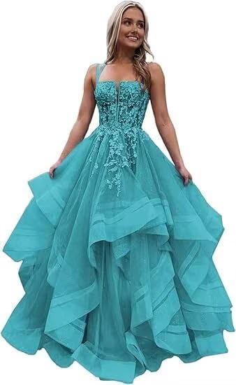 Glitter Prom Dresses for Women 2025 Tulle Spaghetti Straps Ball Gown Laces Applique Formal Evening Party Dress