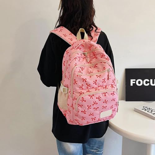 3Pcs Set Bow Backpack for Girls, Exquisite Bow Nylon Backpack, Women's Cute Fashion Travel Leisure Bag (Rose)3
