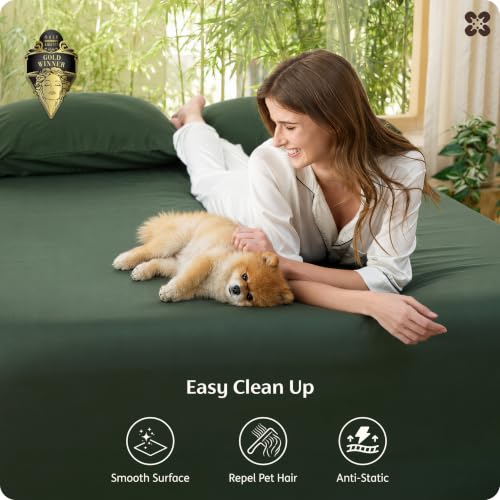 Bedsure PureWoven Queen Fitted Sheet Only, 100% Rayon Derived from Bamboo | Cooling Bottom Sheet for Hot Sleepers, Breathable & Soft, Deep Pocket Up to 18", Secure Elastic Corner Straps, Olive Green - image 3