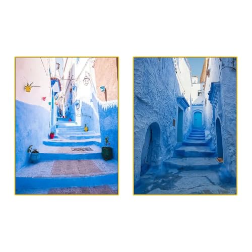 Cadre photo ville bleue marocaine lot de 2 pour habiller un mur blanc de salon