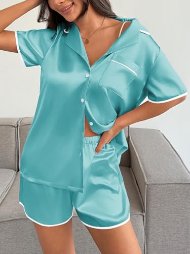 Image of Ekouaer Womens Satin Pajamas Set 2 piece Silky Buttton Down Short Pjs | Silk Notch Collar Top and Soft Shorts Lounge Set for Sleep, Daily Wear, Home, Wedding, Party
