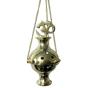 Vrinda® Brass Hanging Censer/Charcoal Incense Burner | Traditional Aromatherapy Tool for Home & Meditation Spaces | Beautiful Hanging Design | Om Design | 4” High (Gold)
