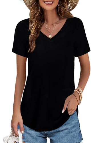 Image of Elesomo Womens T Shirts V Neck Summer Short /Long Sleeve Cotton Tops Tees