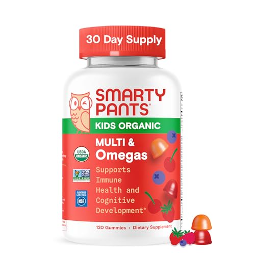 Image of SmartyPants Organic Kids Multivitamin Gummies: Omega 3 (ALA), Beta Carotene, Vitamin B12, B6, A, K & Zinc for Immune Support, Biotin, Vegetarian, Three Fruit Flavors, 120 Count (30 Day Supply)