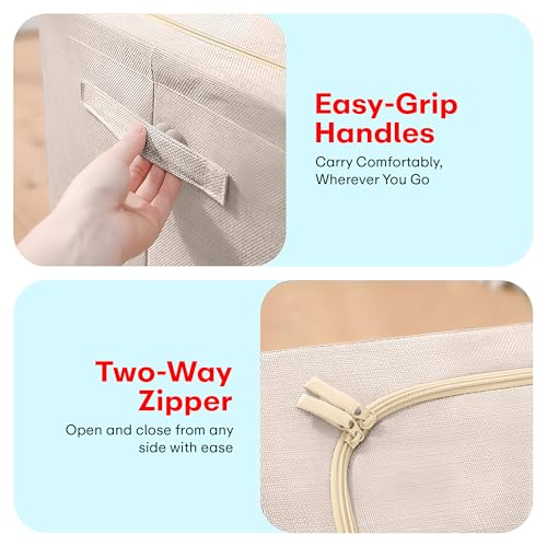 Image of Prime Pick Zip Guard Storage Box Foldable Clothes Organizer Double Zipper Lid Reinforced Handles Breathable Washable Fabric Wardrobe Closet Cupboard Space Saving Storage Bin Beige Pack of 1