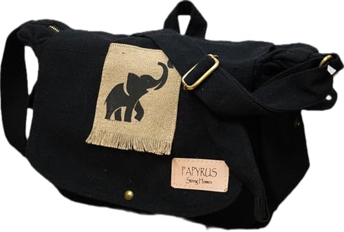 Image of Rough Canvas Cotton Messenger Sling Bag, (32x23x10cm, 7.5L) Medium Size. Patching with Elephant Design