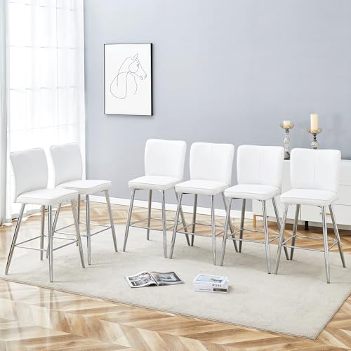Image of Counter Height Bar Stools Set of 6,27''Kitchen Island Stools with Back,White Barstools with Sturdy Metal Legs,Modern Bar Stools Ideal for Kitchen Island Pub Cafe(Faux Leather-White)
