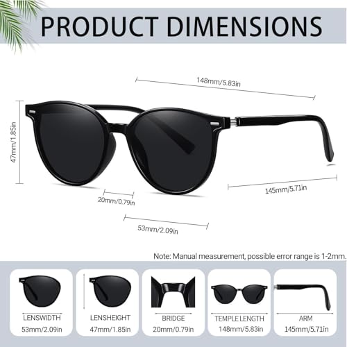 KANASTAL Black Round Sunglasses Womens Polarised Ladies Dark Classic Trendy Vintage UV 400 Protection Vacation Travel Outdoor - Bright Black Frame - Image 6