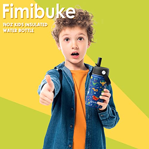 Fimibuke Kids Insulated Water Bottle - 14Oz Bpa-Free Double Wall Vacuum Tumbler 18/8 Stainless Steel Leak Proof Kids Cups With Straw Metal Water Bottle For School Boy Girl(2 Pack, Space+Blue Dinosaur) #TOP6